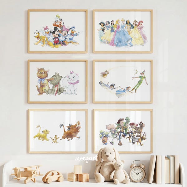 Personajes clásicos, Mickey y sus amigos, grupo de princesas, El Rey León, Toy Story, Los Aristogatos, Peter Pan, arte mural en acuarela, digital