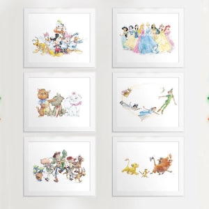 PERSONAJES CLÁSICOS, Mickey y sus amigos, Grupo de princesas, El rey león, Toy Story, Los aristogatos, Peter Pan, Arte mural en acuarela, Digital