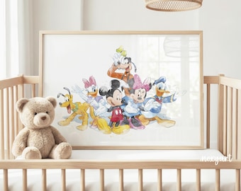 【レトロ】Disney壁掛け　ベビーミッキー・ミニー・ドナルド ベビーミッキーと仲間たちのプリント ミッキー ミニーマウス