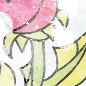 May include: Watercolor illustration of a pink rose with green stem and leaves. The artwork features black outlines and white paint splatters, creating a textured effect. The image is set against a white background.