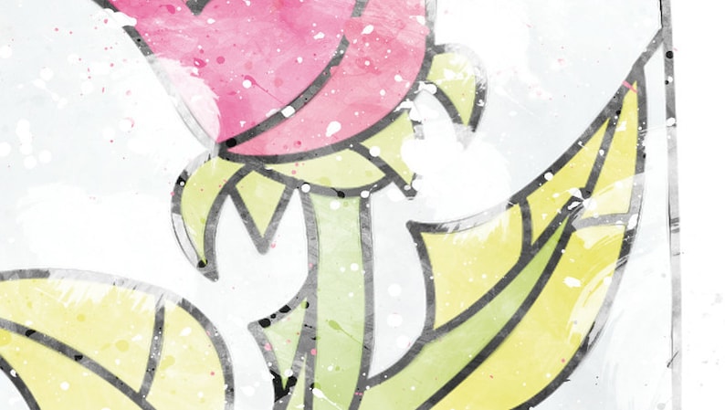 May include: Watercolor illustration of a pink rose with green stem and leaves. The artwork features black outlines and white paint splatters, creating a textured effect. The image is set against a white background.