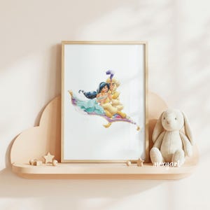 Aladdin och Jasmin utskrivbara, Prinsessan Jasmin, Aladdin, Magisk matta, Söt barnrum, Väggkonst, Digitalt tryck