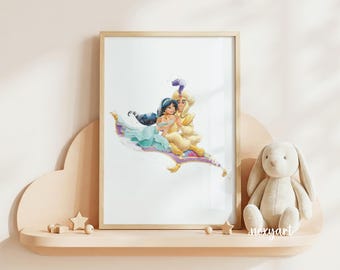 Aladdin And Jasmine Printable, Princess Jasmine, Aladdin, Magic Carpet, Cute Nursery, Wall Art, Digital Print
