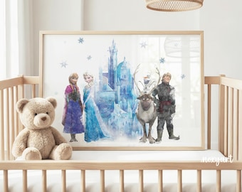Frozen Wall Art Printable, Elsa Anna Olaf Nursery Decor, Frozen Family Poster, Kids Room Wall Art, Watercolor Character, Digital Download
