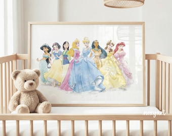 May include: A rectangular framed wall art print featuring a watercolor illustration of eight female characters in colorful gowns. The print is displayed in a light wood frame, positioned above a light wood crib with a plush brown teddy bear sitting inside.