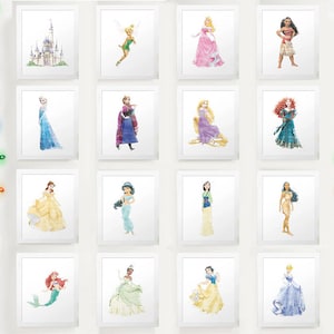 Zachte aquarel prinses prints, Aurora, Belle, Assepoester, Jasmijn, Anna, Tinkerbell, prinses kunst aan de muur, kasteel, Elsa, klassiek, digitaal