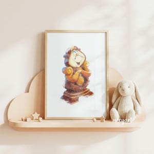 May include: A framed watercolour print of a cartoon clock character in brown and gold tones. The artwork is displayed on a light wood shelf with a stuffed bunny and wooden shapes. The print is in a light wood frame.