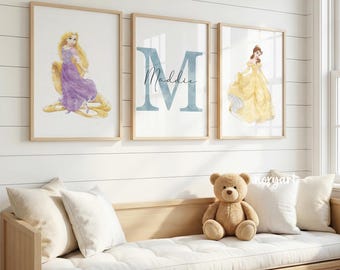 Rapunzel and Belle Wall Art Set Of 3, Princess Nursery Decor, Personalized Name Print, Custom Initial Poster, Girls Bedroom Decor