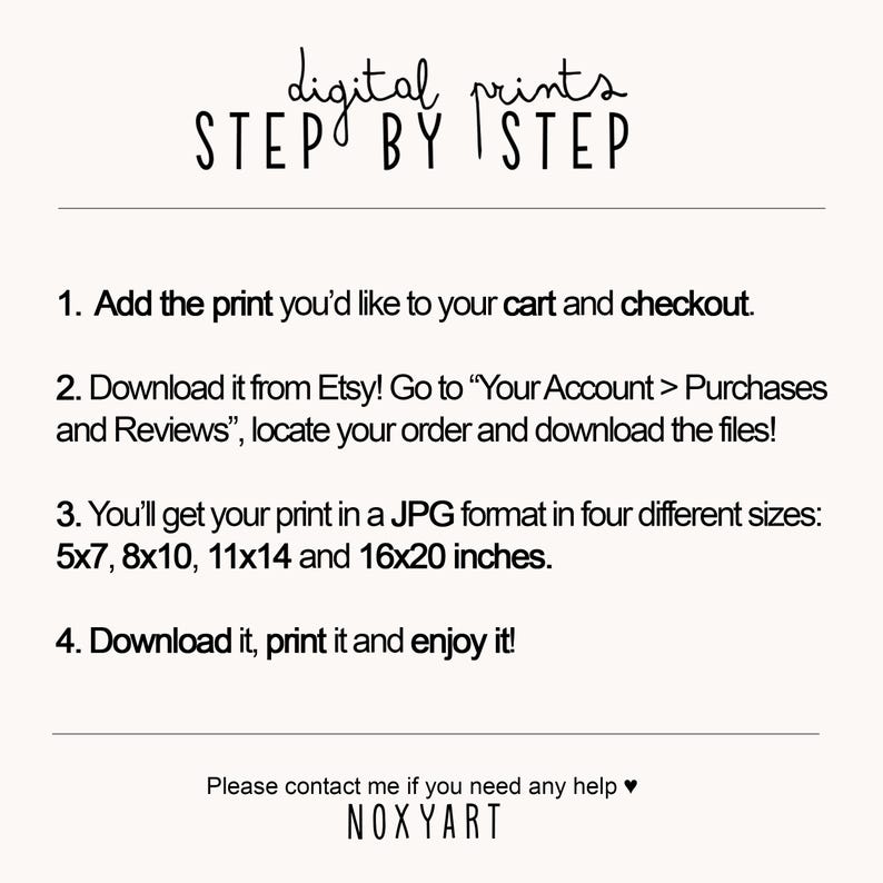 May include: An instructional graphic with black text on a light background titled digital prints STEP BY STEP. It outlines four steps for purchasing and downloading digital files, including specific JPG sizes of 5x7, 8x10, 11x14, and 16x20 inches.