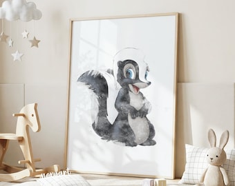 Flower Skunk Nursery Print, Bambi Flower, Watercolor Animal Woodland Print, Storybook Baby Room Poster, Neutral Room Decor, Digital Print