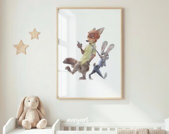 Zootopia Nursery Wall Art, Nick And Judy Print, Whimsical Animal Kids Decor, Storybok Nursery Poster, Zootopia Printable, Digital Print