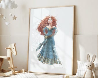 Art mural Merida à imprimer, décoration de chambre d'enfant courageuse, affiche princesse, art mural pour chambre de filles, impression personnage aquarelle, téléchargement numérique