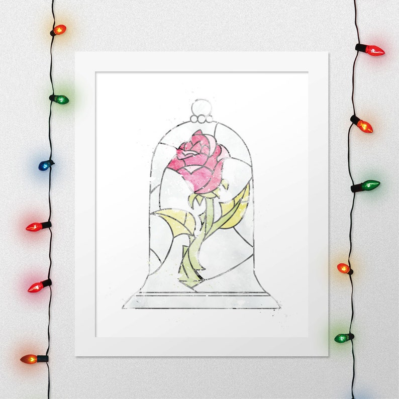 May include: A framed print featuring a watercolor-style illustration of a rose encased in a glass bell jar. The rose is pink, with green leaves and stem. The glass has a stained-glass effect. The frame is white.