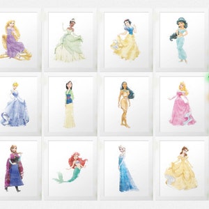 12 PRINSESPRINTS, Belle, Aurora, Rapunzel, Tiana, Assepoester, Sneeuwwitje, Ariel, Jasmijn, aquarel kinderkamerprinses, afdrukbare muurkunst