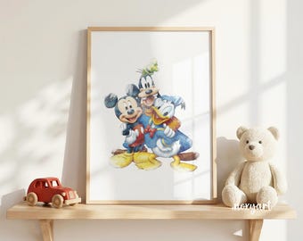 Mickey Goofy Donald Nursery Print, Mickey And Friends, Watercolor Kids Room, Mickey Mouse, Boy Cute Room Decor Printable, Digital Print