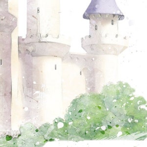May include: A watercolor illustration of a castle featuring tall white stone towers, a clock face on the upper left wall, and a purple conical roof. Lush green foliage is painted at the base of the structure with soft white paint splatters.