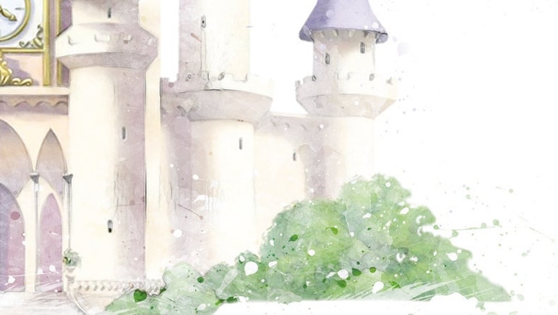 May include: A watercolor illustration of a castle featuring tall white stone towers, a clock face on the upper left wall, and a purple conical roof. Lush green foliage is painted at the base of the structure with soft white paint splatters.