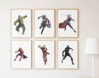 Avengers Watercolor Print Set Of 6, Hulk Iron Man Thor Spiderman Captain America Black Panther, Watercolor Superhero Wall Art, Digital Print