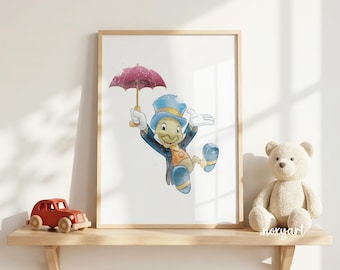 Jiminy Cricket Watercolor Print, Vintage Pinocchio Wall Art, Nursery Room Decor, Kids Printable, Jiminy Poster, Digital Print