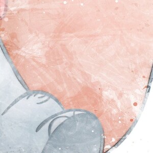 May include: Watercolor illustration of a gray elephant with large pink ears and a yellow and red hat. The artwork has a soft, textured appearance with a white background and subtle paint splatters, evoking a whimsical and artistic style.