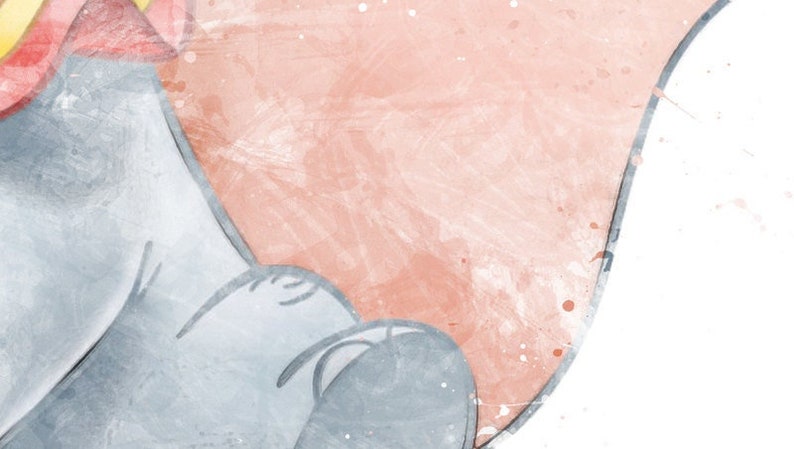 May include: Watercolor illustration of a gray elephant with large pink ears and a yellow and red hat. The artwork has a soft, textured appearance with a white background and subtle paint splatters, evoking a whimsical and artistic style.
