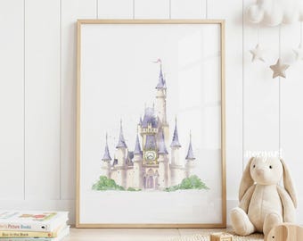 Princess Castle Wall Art, Fairytale Nursery Decor, Watercolor Castle Print, Girls Room Decor, Princess Bedroom Poster, Digital Download