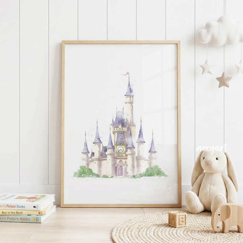 Princess Castle Wall Art, Fairytale Nursery Decor, Watercolor Castle Print, Girls Room Decor, Princess Bedroom Poster, Digital Download image 1