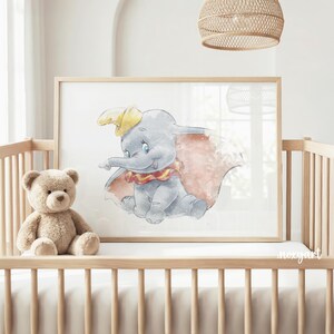 Dumbo Watercolor Print, Elephant Nursery Wall Art, Vintage Storybook Baby Decor, Cute Nursery Printable Poster, Digital Print