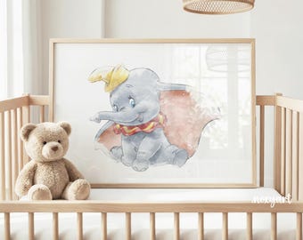 Dumbo Watercolor Print, Elephant Nursery Wall Art, Vintage Storybook Baby Decor, Cute Nursery Printable Poster, Digital Print