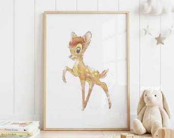Bambi Nursery Wall Art Printable, Watercolor Deer Print, Woodland Baby Room Decor, Storybook Animal, Bambi Poster, Digital Print