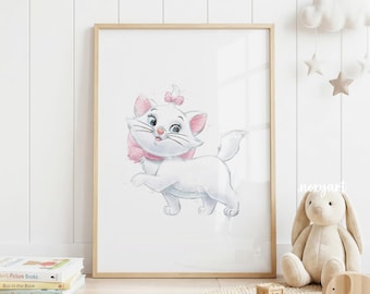 May include: Watercolor print of a white cat with a pink bow and scarf, framed in a light wood frame. The cat is depicted in a walking pose with a playful expression. The artwork is suitable for a nursery or children's room.