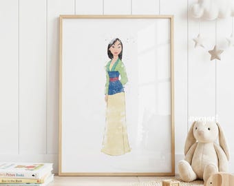 Mulan Wall Art Printable, Princess Nursery Decor, Watercolor Character Poster, Girls Room Wall Art, Kids Room Print, Digital Download