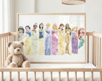 Princess Watercolor Wall Art, Fairytale Girls Room Decor, Princess Nursery Print, Kids Bedroom Decor, Princess Poster, Digital Download