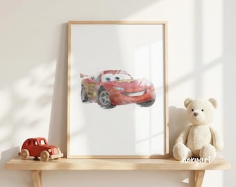 Lightning McQueen Watercolor Print, Cars Nursery Wall Art, Race Car Nursery Decor, Kids Room Printable, Boy Bedroom Decor, Digital Print