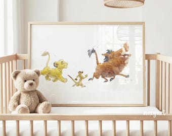 Hakuna Matata Wall Art, Hakuna Matata Print, Lion King, Simba, Pumbaa, Timon, Watercolor, Safari Nursery Decor, Jungle Kids Room