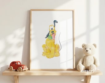 Pluto Nursery Print, Pluto Wall Art, Mickey Mouse, Watercolor Baby Room Decor, Kids Printable Poster, Neutral Nursery Art, Digital Print