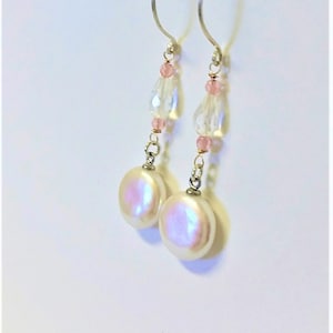 Coin Pearl and Crystal Quartz Dangle Earrings in Sterling Silver, High Luster, June Birthstone, Bridal Earrings
