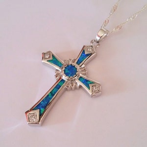 Sterling Silver Cross Necklace, Small Cross Necklace, Sterling Silver Cross Pendant  with Sterling Silver Chain,Confirmation Gift,Lab Opal