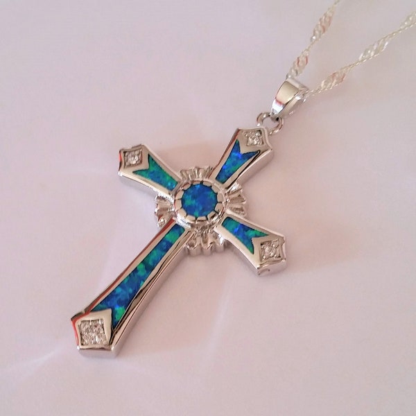 Collier croix en argent sterling, collier petite croix, pendentif croix en argent sterling avec chaîne en argent sterling, cadeau de confirmation, opale de laboratoire