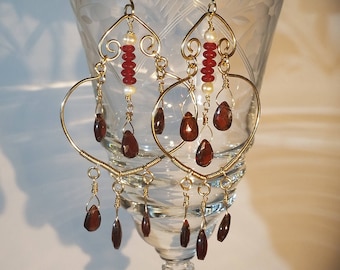 Red Garnet Earrings,Garnet Chadelier Earrings, Garnet and Pearl Earrings,Gold Garnet Earrings