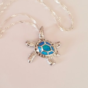 Sterling Silver Turtle Necklace,Blue Opal Turtle Pendant,Turtle necklace,Hawaii Sea Turtle,Birthday gift,Sterling Silver Sea Turtle Necklace