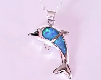 Dolphin Opal Necklace, Blue Opal Pendant Sterling Silver Necklace