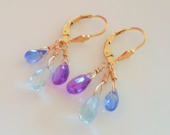 Topaz Earrings, Blue Cluster Earrings  Three Stones  Genuine Gemstones, Gold Filled Lever Backs ,December Birthstone , February Birthstone