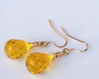 Citrine Earrings- 41.15ct Large Citrine Briolette Earrings - Bridal Earrings - November Birthstone - Wedding Earrings- Gold Citrine Earrings