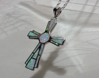 Sterling Silver Cross Necklace, Small Cross Necklace, Sterling Silver Cross Pendant  with Sterling Silver Chain,Confirmation Gift,Lab Opal