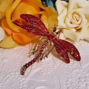 Dragonfly  Brooch - Dragonfly Pin - Red Rhinestone Dragonfly Brooch - Gold Brooch - Gift For Her - Birthday Gift