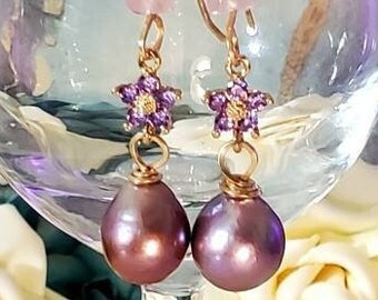 14mm Huge Metallic Baroque Edison Pearl Earrings with High Luster Lavender Pearl Earrings, Wedding Earrings, Gift for Her, Bridal Earrings