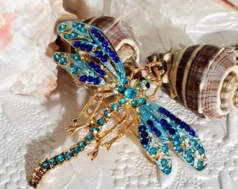 Dragonfly  Brooch - Vintage Brooch - Blue Rhinestone Dragonfly Brooch - Gold Brooch - Gift For Her - Birthday Gift