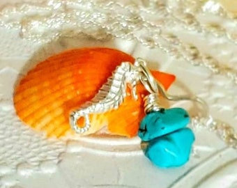 Seahorse Turquoise Necklace, Seashell Sterling Silver Ocean  Necklace Pendant, Beach Necklace, Gift for a woman, Seahorse Necklace