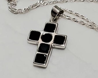 Black Onyx and Sterling Silver Cross Necklace Pendant Necklace, Christian Religious Jewelry , Baptism, For a Man or Boy, Free Shipping